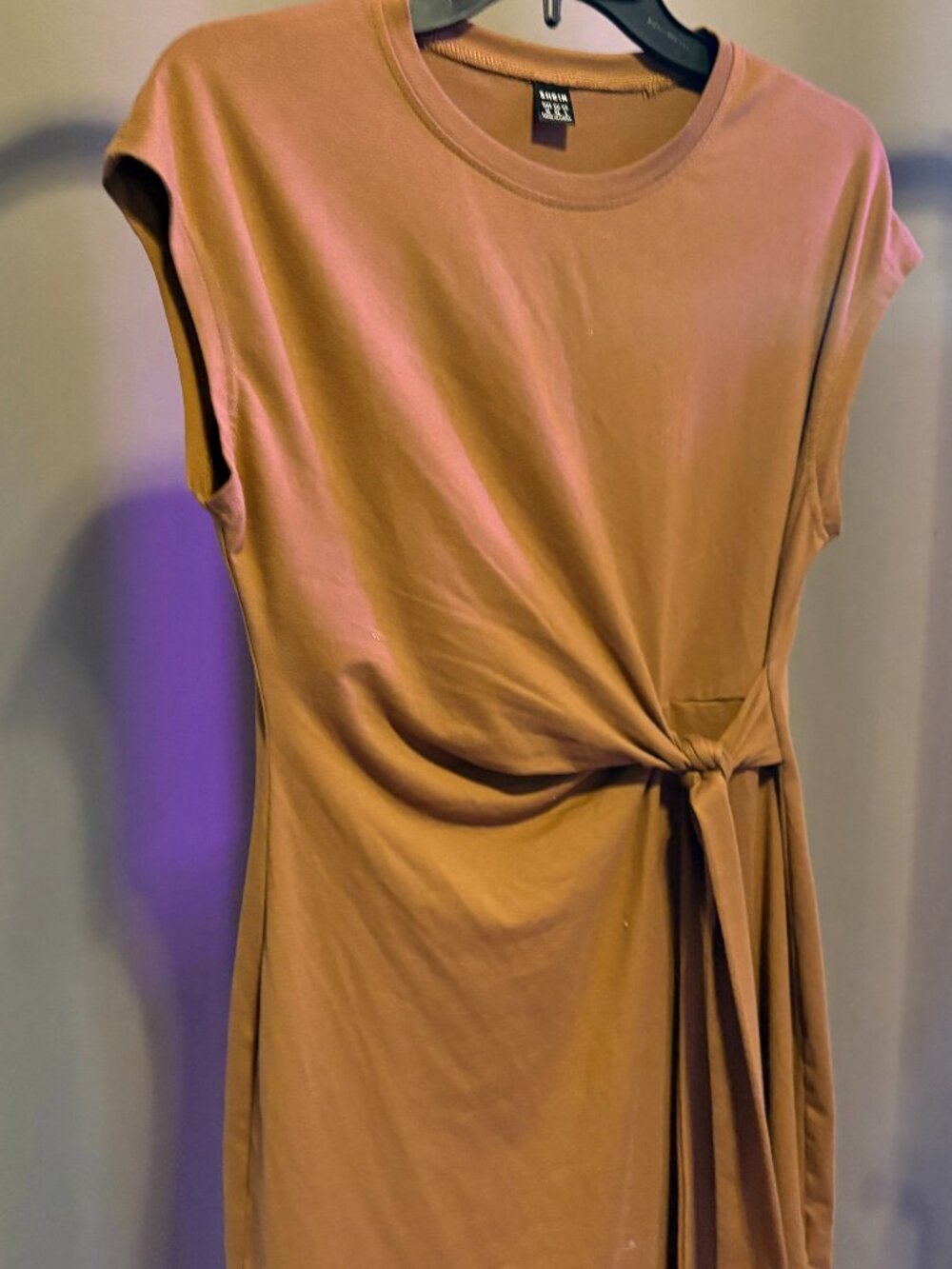 SHEIN Camel Tan Side Tie Waist Ruched T-Shirt Mini Dress Medium Sleeveless